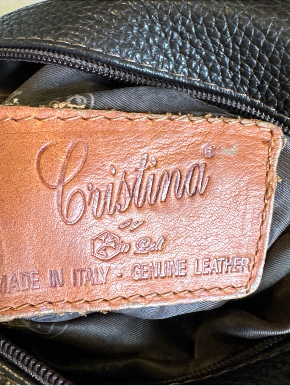Cristina Italy Genuine Leather Shoulder Bag Brown Pebbled Leather Cognac Trim - Picture 5 of 11